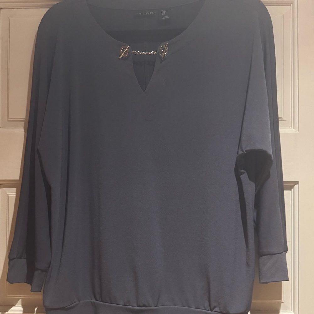 Tahari Slate Blue Blouse with Chain Detail, Size Large, Like New